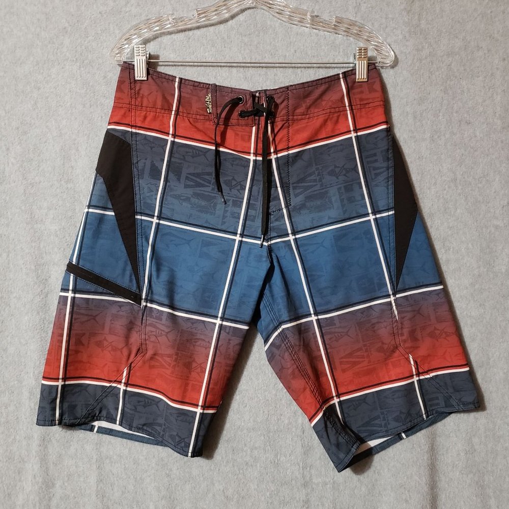 salt life mens board shorts plaid red/blue size 30